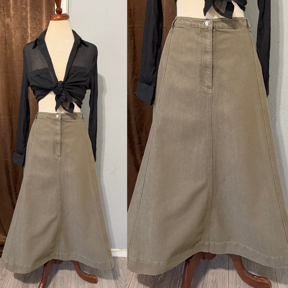 Roamans Cotton Blend Midi Skirt Size 18W Olive Green A-Line Plus Elastic Back